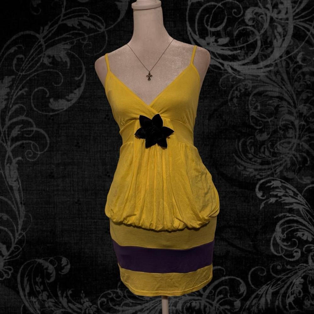V neck cami yellow ruched mini dress with dark violet flower detail dress/top